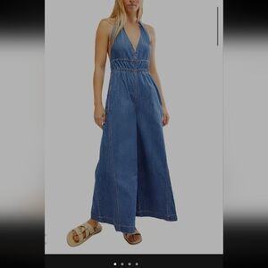 We The Free- Free People Denim Wide Legg, Halter Jumpsuit, Size Xl